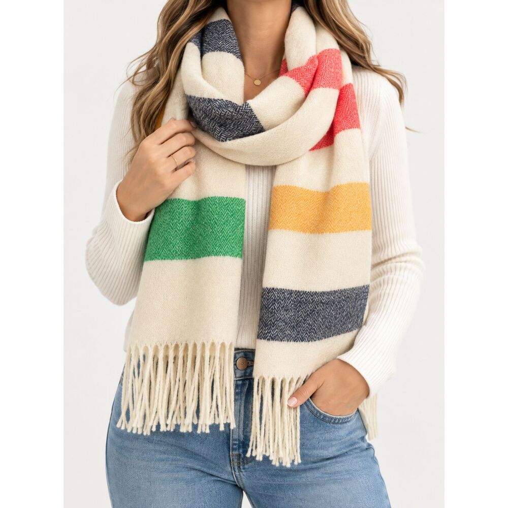 Madison 88 Womens Blanket Scarf Cream Multicolor Striped Oversized Fringe